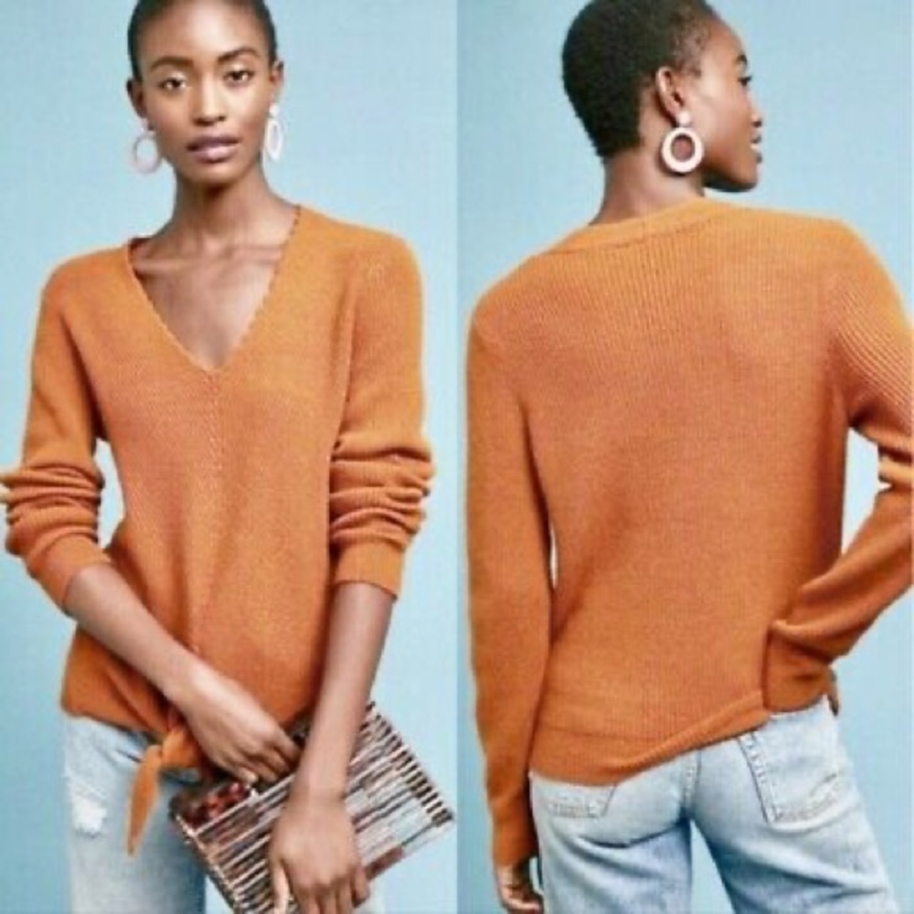 Anthropologie Moth Freeport Ribbed Sweater Knit V Neck  Tie Front XS